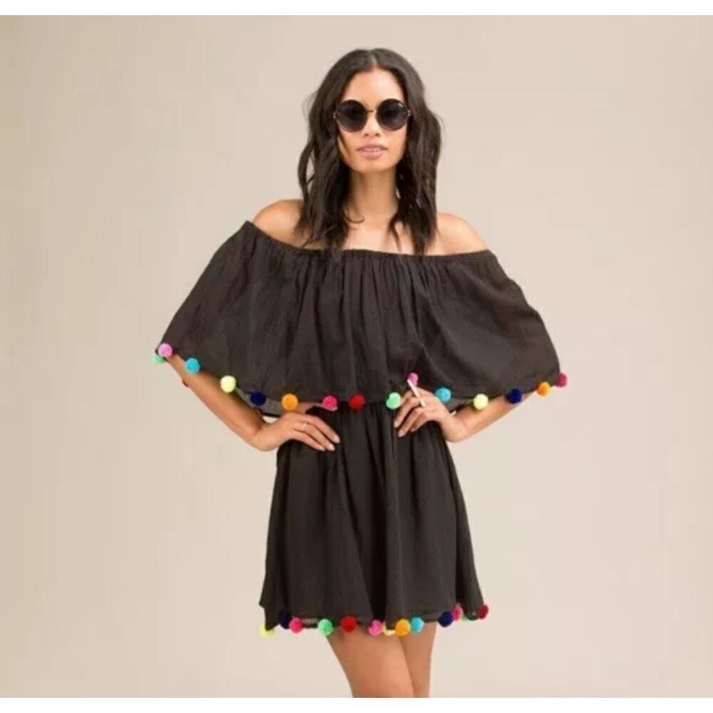 Pitusa Womens Size Standard Black Pompom Festival Cotton Mini Coverup Dress Boho - Picture 3 of 17